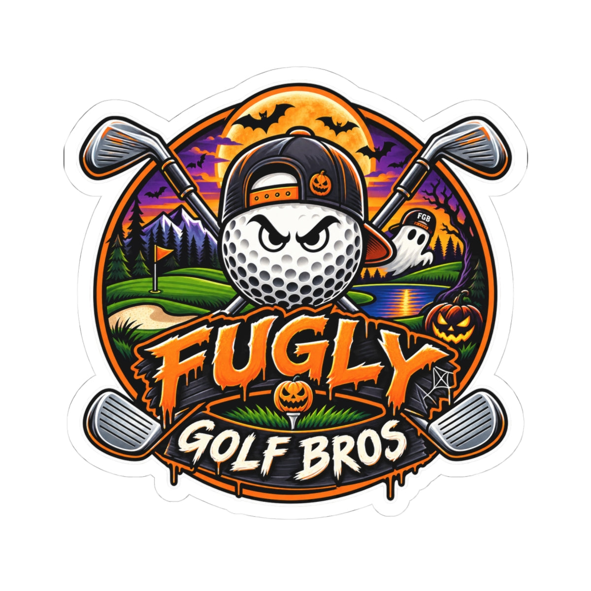 Fugly Golf Bros Halloween Sticker — Funny Golf Ball Logo Kiss-Cut Decal