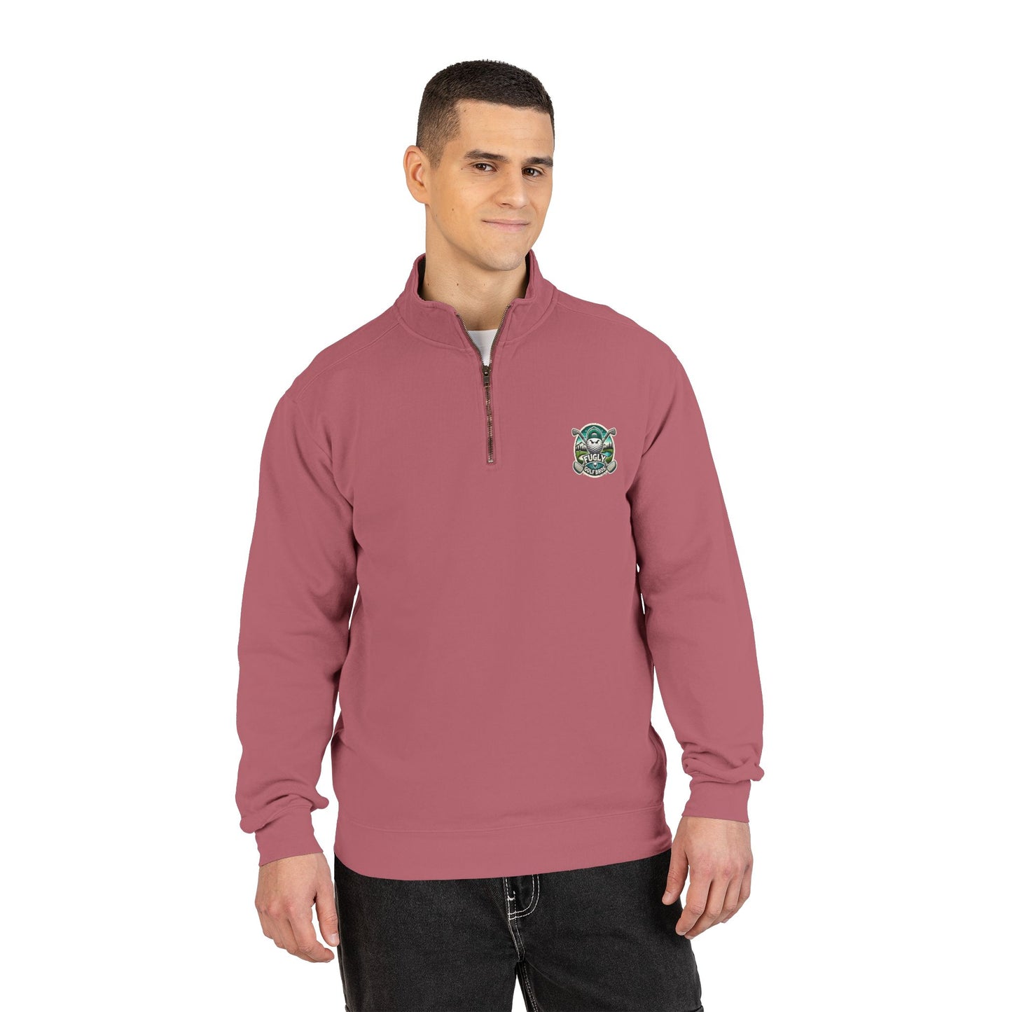 Quarter-Zip Sweatshirt — Retro Green 'Cursed Crew' Patch Design