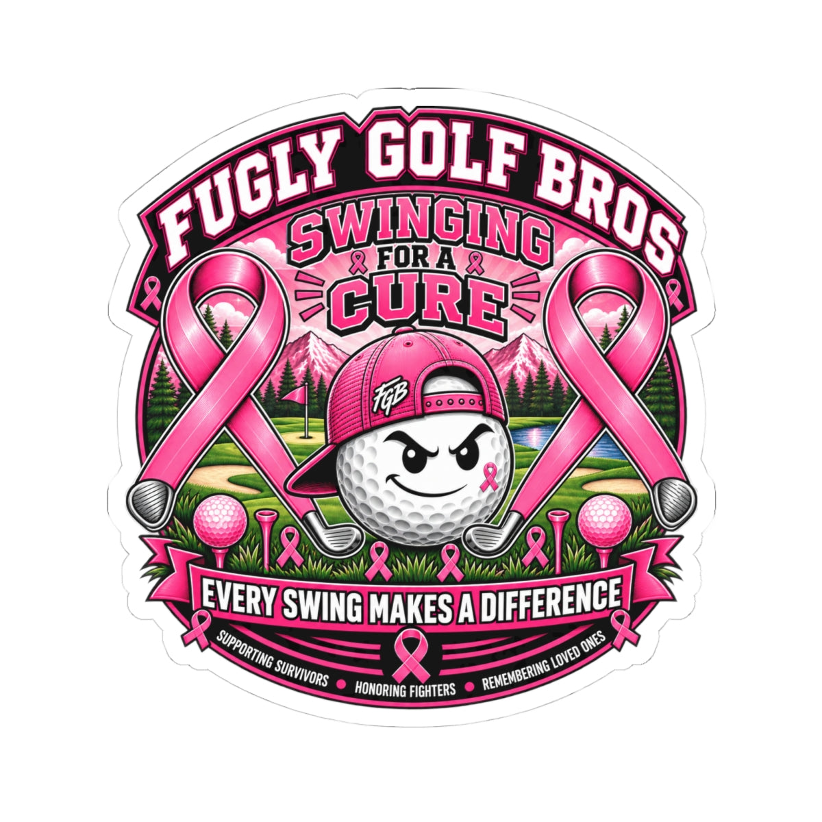 Breast Cancer Awareness Golf Sticker — "Fugly Golf Bros: Swinging for a Cure" Kiss-Cut