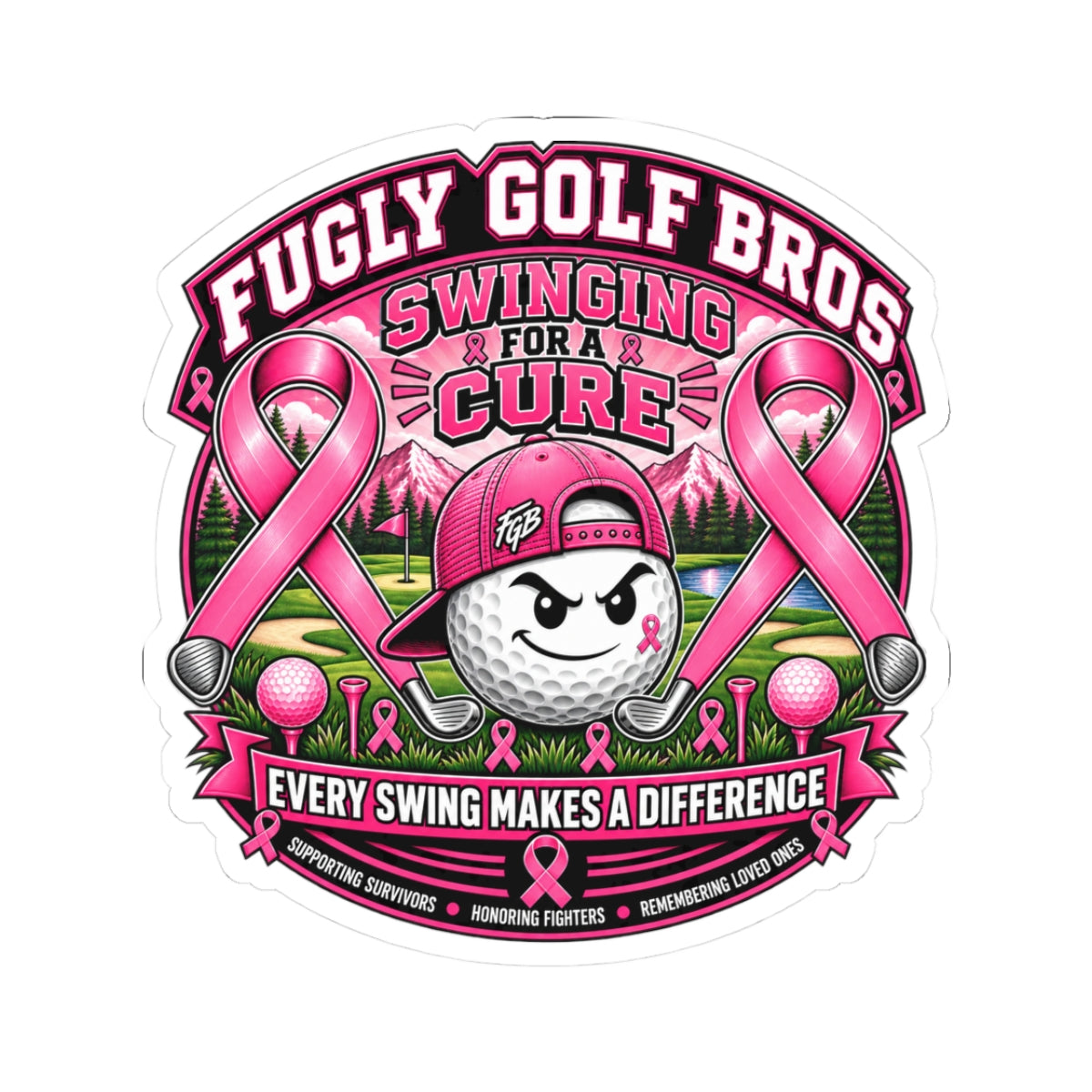 Breast Cancer Awareness Golf Sticker — "Fugly Golf Bros: Swinging for a Cure" Kiss-Cut
