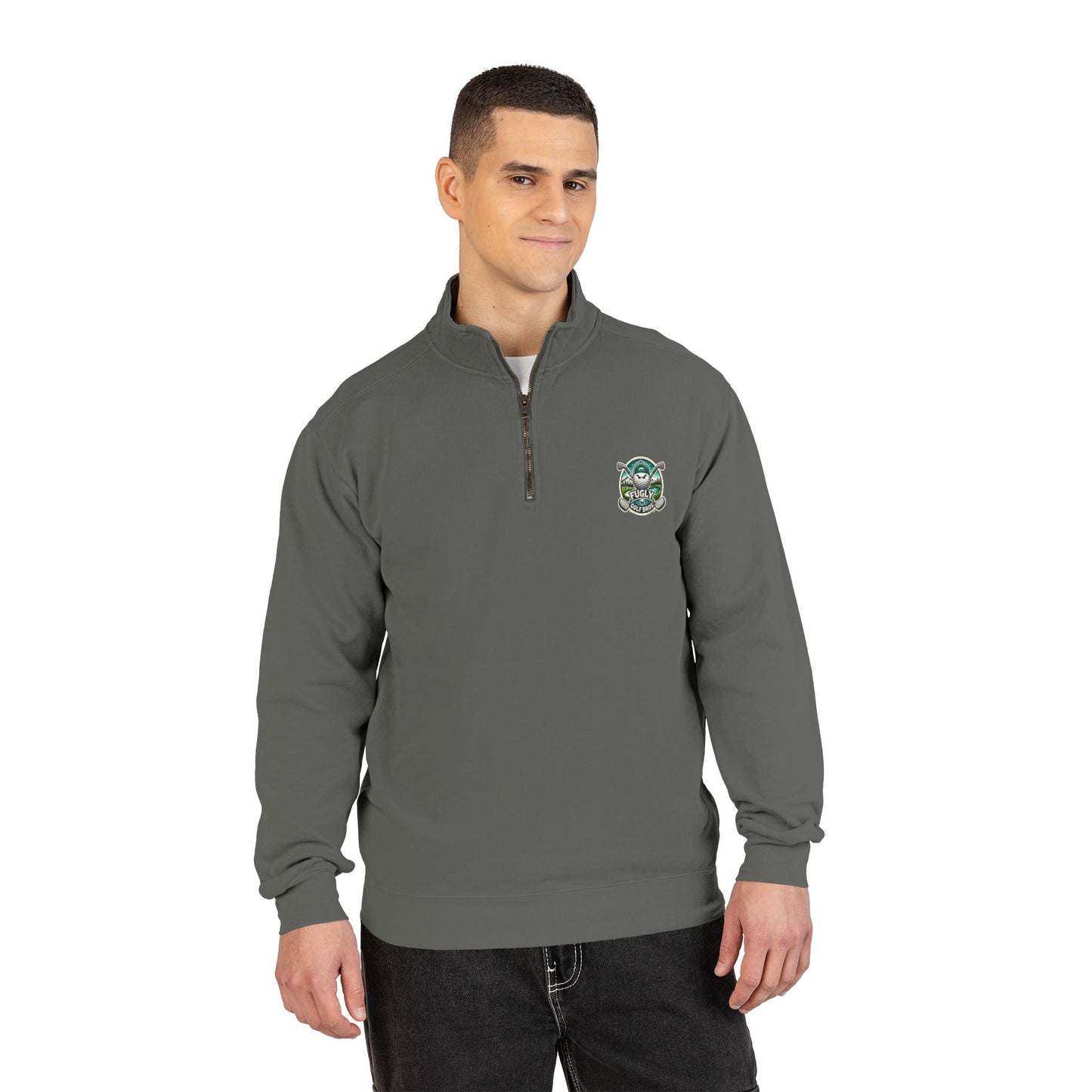 Quarter-Zip Sweatshirt — Retro Green 'Cursed Crew' Patch Design