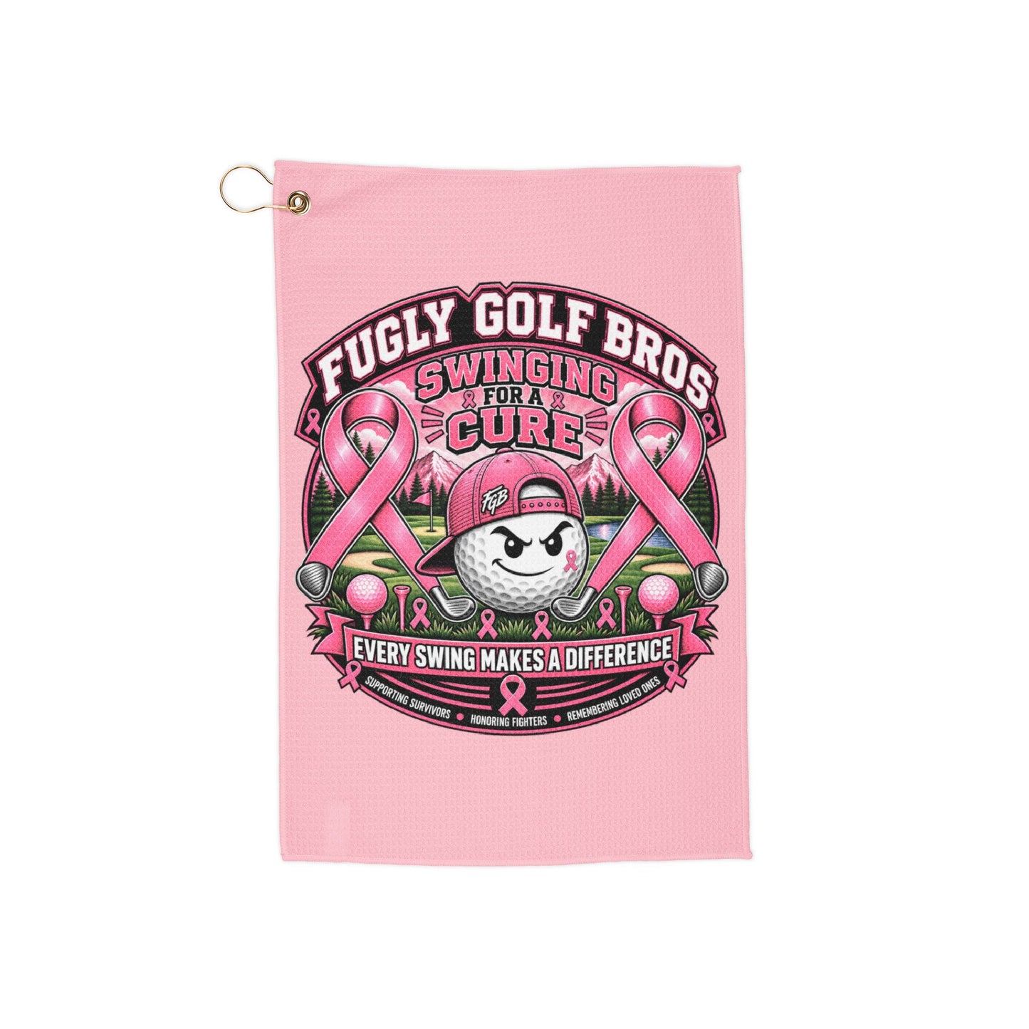 Breast Cancer Awareness Golf Towel — "Fugly Golf Bros Swinging for a Cure" Pink Club Towel