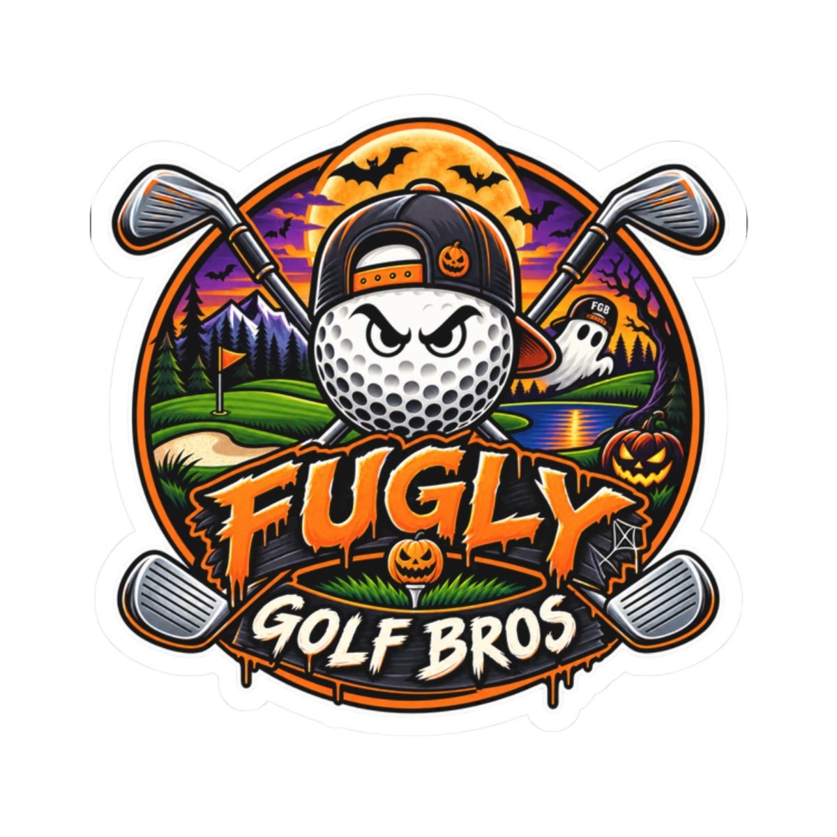 Fugly Golf Bros Halloween Sticker — Funny Golf Ball Logo Kiss-Cut Decal
